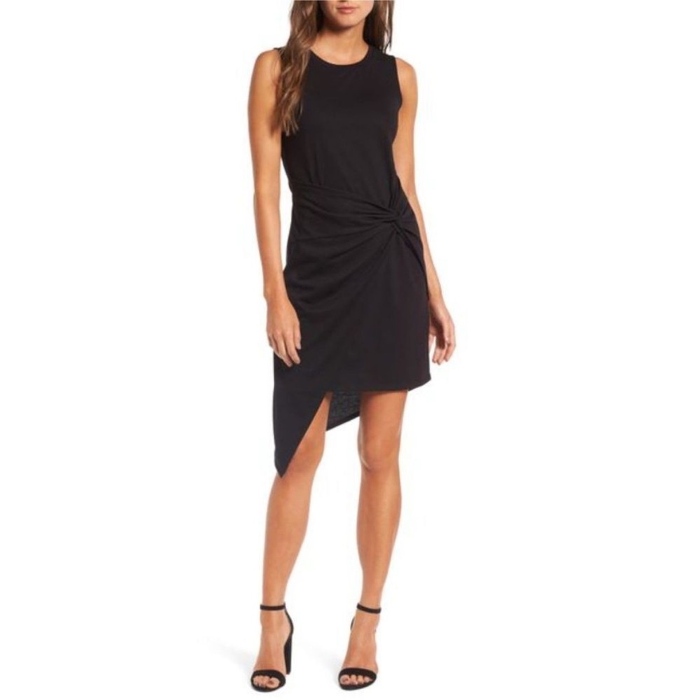 TROUVE Black Asymmetrical Twist Front Jersey Stretch Sleeveless Dress L